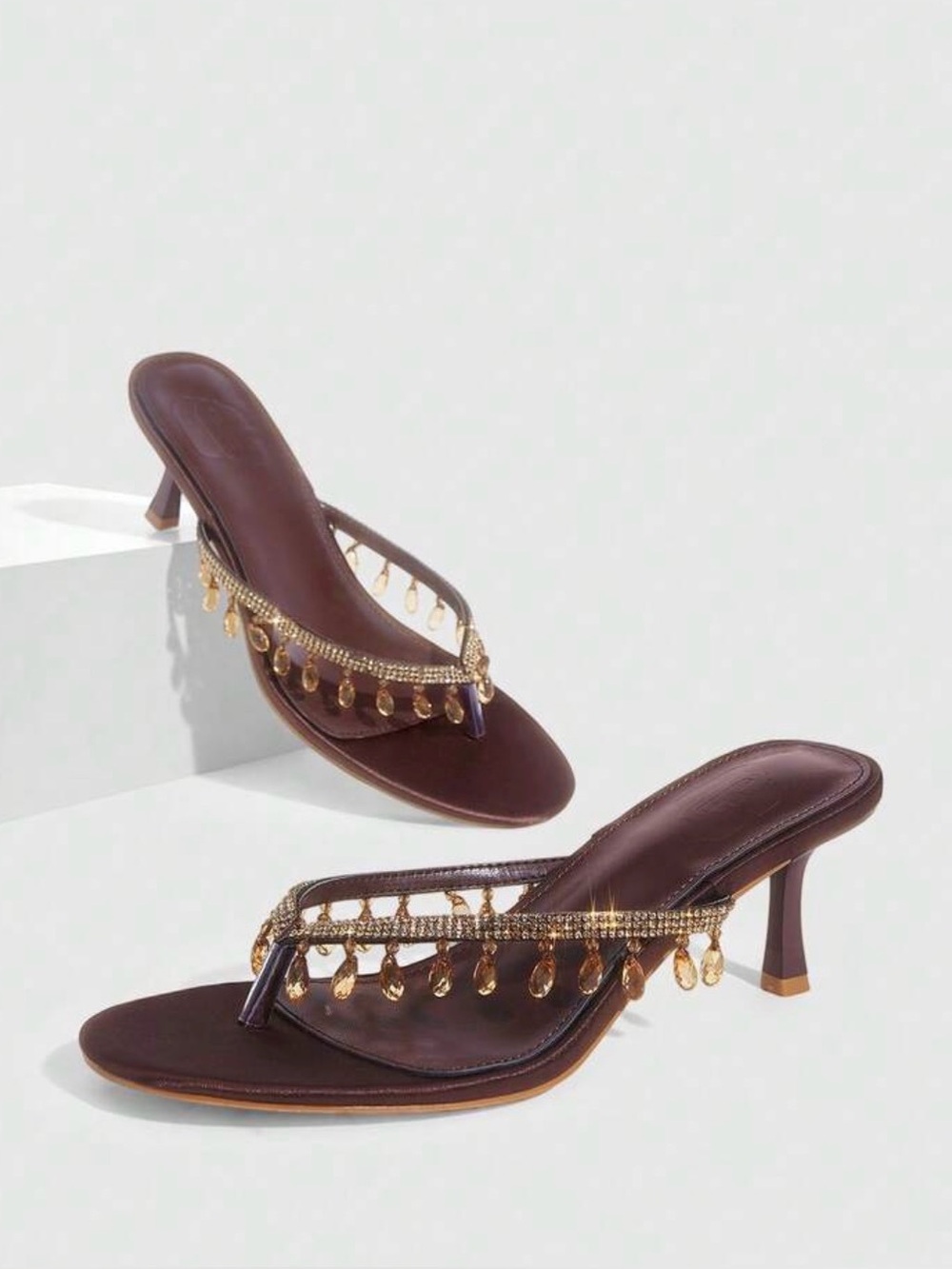 Jeweled Heel Thong Sandals with Gold Accents